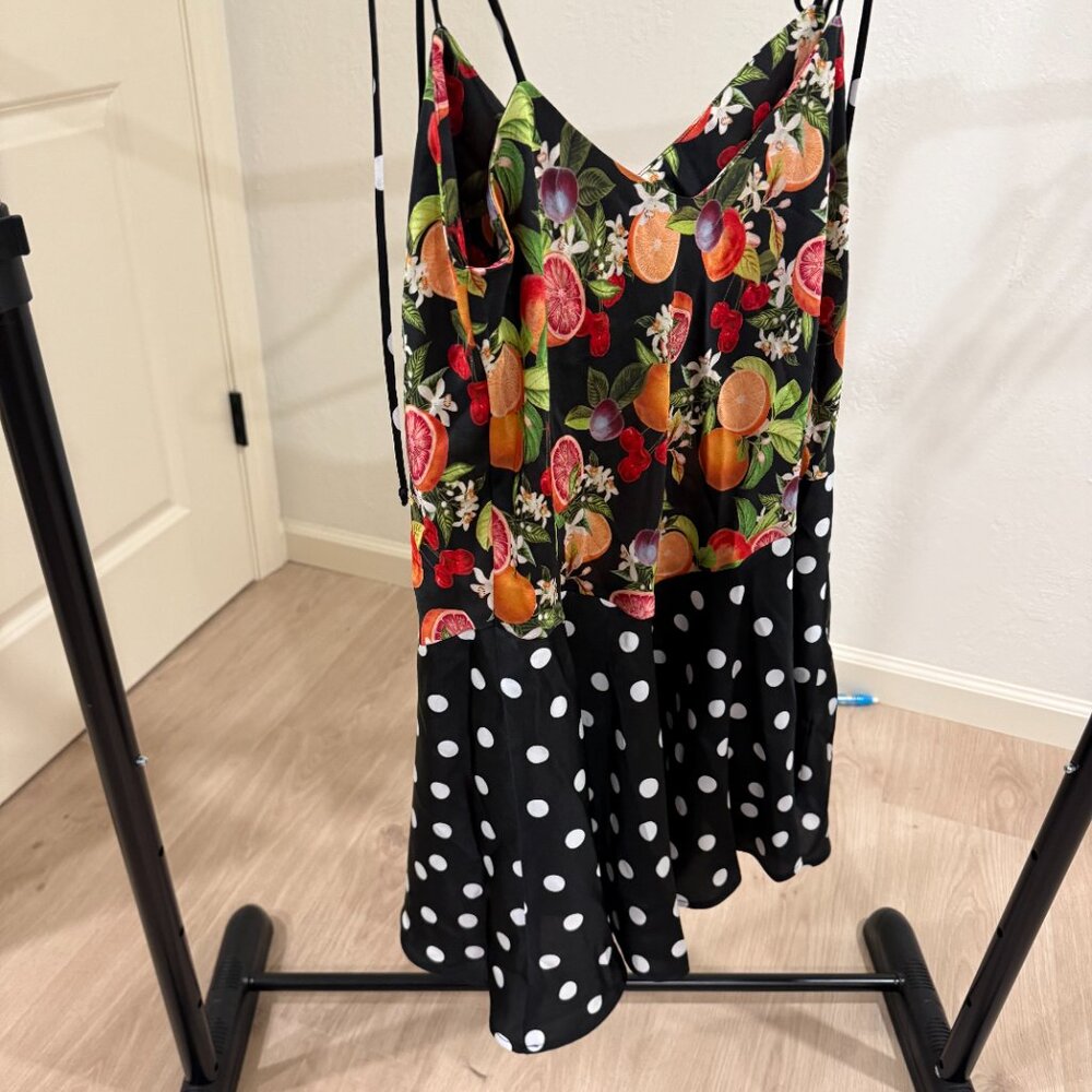 Show Me Your MuMu Uptown Tie Mini Dress in a black fruit and polka dot print - Picture 4 of 8